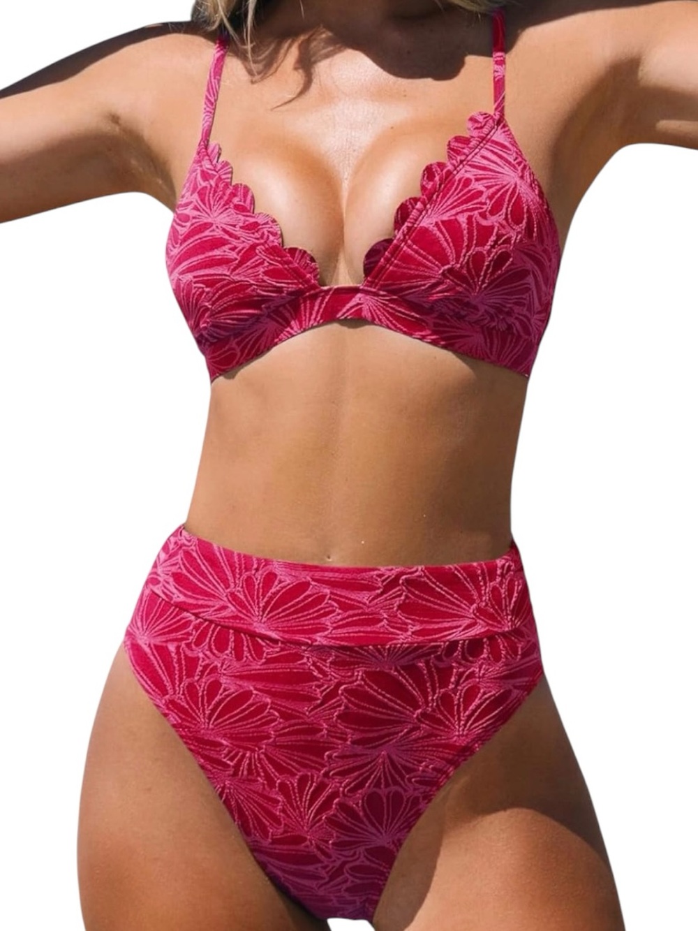 CUPSHE Women's Fuchsia Red Scallop Edge High-Waist Bikini Set
